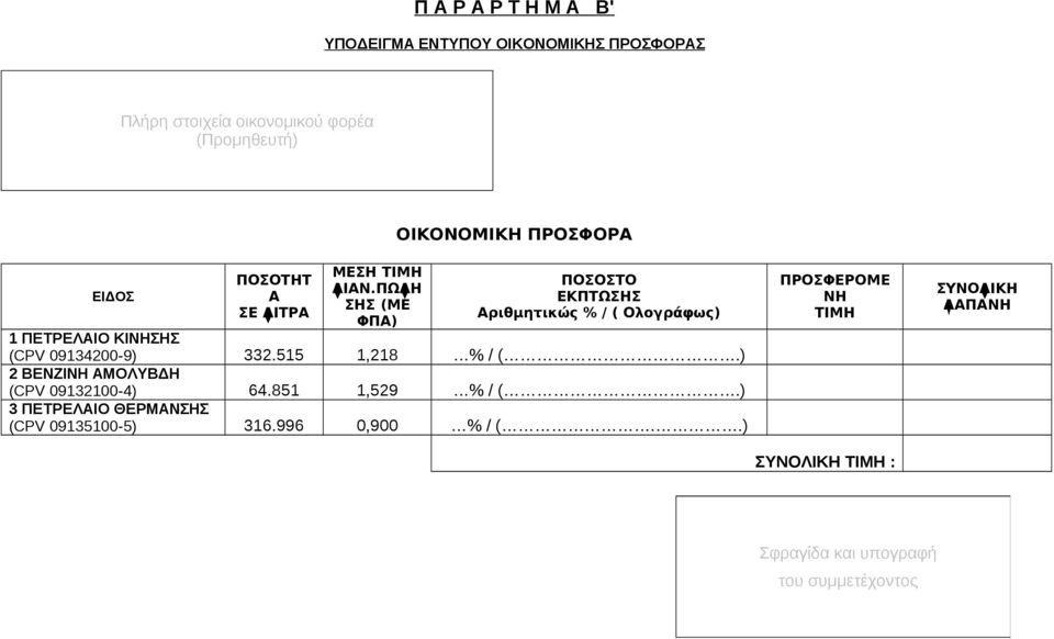 ΠΩΛΗ ΣΗΣ (ΜΕ ΦΠΑ) ΟΙΚΟΝΟΜΙΚΗ ΠΡΟΣΦΟΡΑ ΠΟΣΟΣΤΟ ΕΚΠΤΩΣΗΣ Αριθμητικώς % / ( Ολογράφως) 1 ΠΕΤΡΕΛΑΙΟ ΚΙΝΗΣΗΣ (CPV 09134200-9) 332.