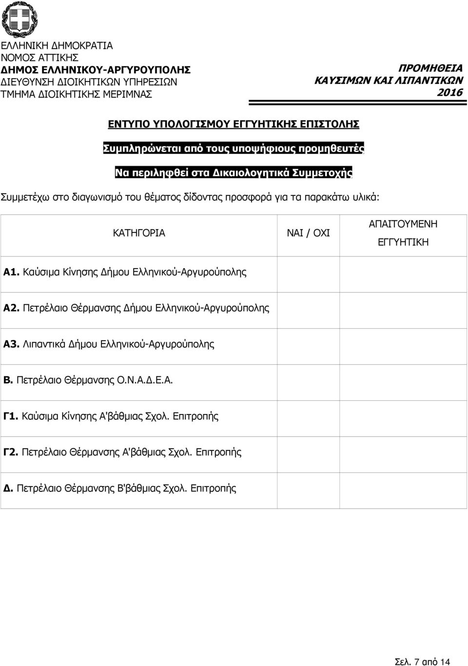 υλικά: ΚΑΤΗΓΟΡΙΑ ΝΑΙ / ΟΧΙ ΑΠΑΙΤΟΥΜΕΝΗ ΕΓΓΥΗΤΙΚΗ Α1. Καύσιµα Κίνησης ήµου Ελληνικού-Αργυρούπολης Α2. Πετρέλαιο Θέρµανσης ήµου Ελληνικού-Αργυρούπολης Α3.