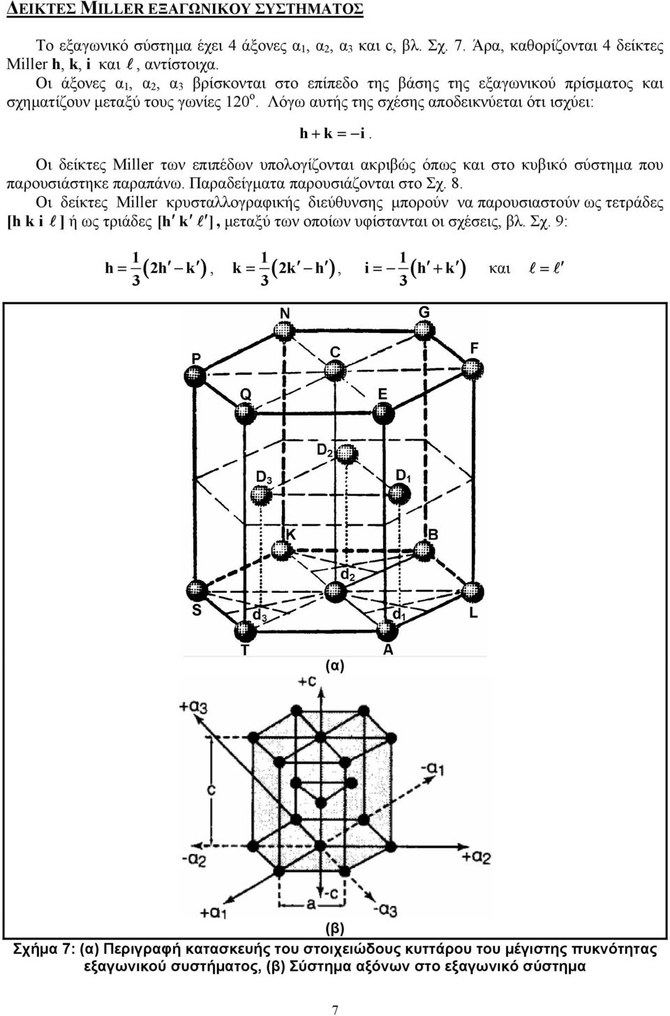 Οι δείκτες Miller των επιπέδων υπολογίζονται ακριβώς όπως και στο κυβικό σύστημα που παρουσιάστηκε παραπάνω. Παραδείγματα παρουσιάζονται στο Σχ. 8.
