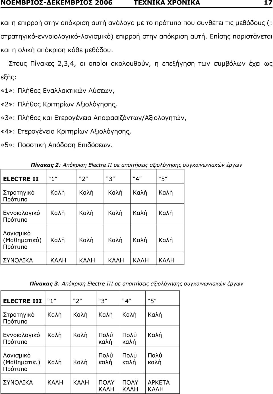 Στους Πίνακες 2,3,4, οι οποίοι ακολουθούν, η επεξήγηση των συμβόλων έχει ως εξής: «1»: Πλήθος Εναλλακτικών Λύσεων, «2»: Πλήθος Κριτηρίων Αξιολόγησης, «3»: Πλήθος και Ετερογένεια