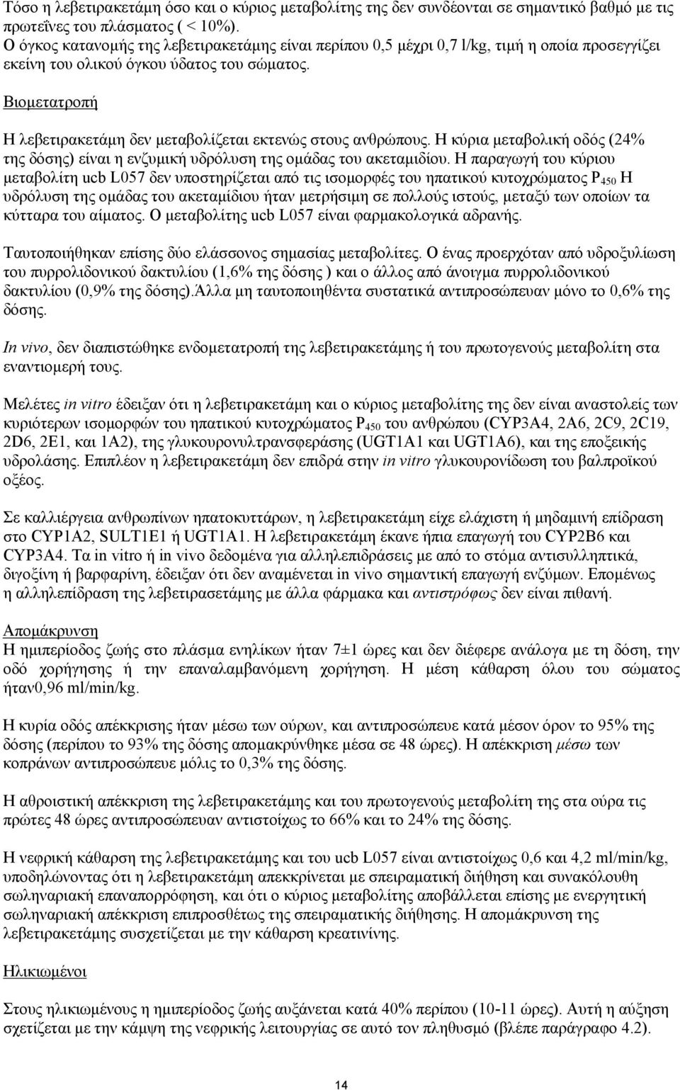 Βιομετατροπή Η λεβετιρακετάμη δεν μεταβολίζεται εκτενώς στους ανθρώπους. Η κύρια μεταβολική οδός (24% της δόσης) είναι η ενζυμική υδρόλυση της ομάδας του ακεταμιδίου.