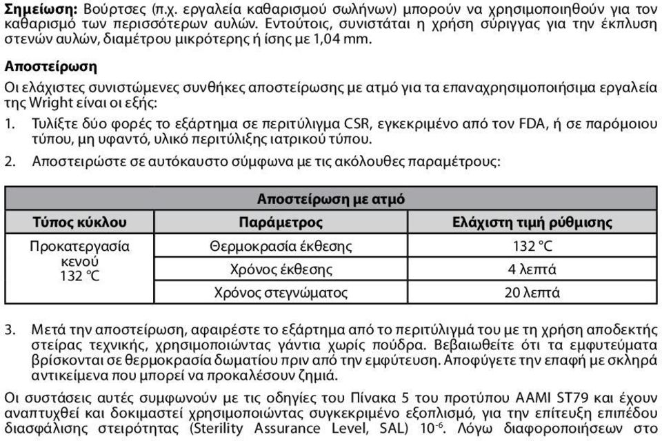 Αποστείρωση Οι ελάχιστες συνιστώμενες συνθήκες αποστείρωσης με ατμό για τα επαναχρησιμοποιήσιμα εργαλεία της Wright είναι οι εξής: 1.