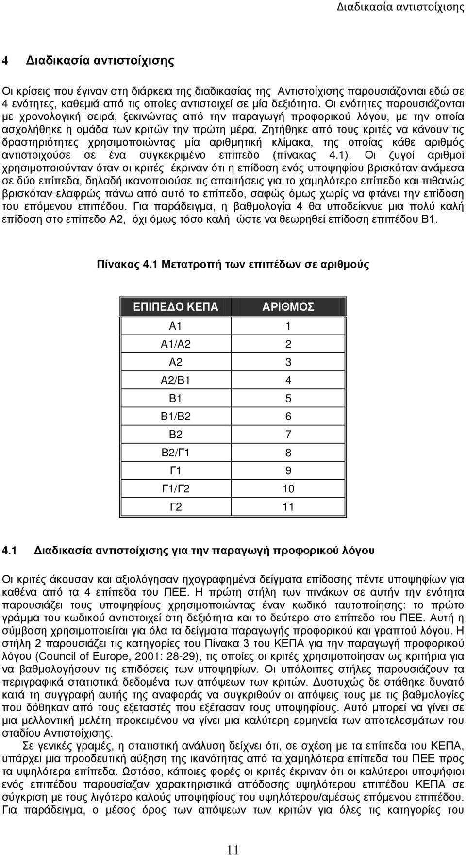 Ζητήθηκε από τους κριτές να κάνουν τις δραστηριότητες χρησιμοποιώντας μία αριθμητική κλίμακα, της οποίας κάθε αριθμός αντιστοιχούσε σε ένα συγκεκριμένο επίπεδο (πίνακας 4.1).