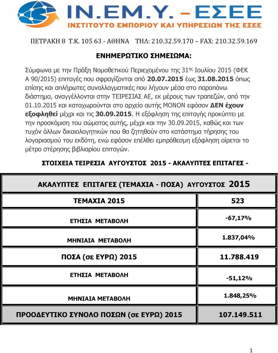 και καταχωρούνται στο αρχείο αυτής ΜΟΝΟΝ εφόσον ΔΕΝ έχουν εξοφληθεί μέχρι και τις 30.09.