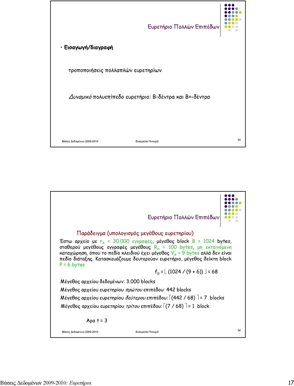 000 εγγραφές, μέγεθος block B = 102 bytes, σταθερού μεγέθους εγγραφές μεγέθους R A = 100 bytes, μη εκτεινόμενη καταχώρηση, όπου το πεδίο κλειδιού έχει μέγεθος V A = 9 bytes αλλά δεν είναι πεδίο