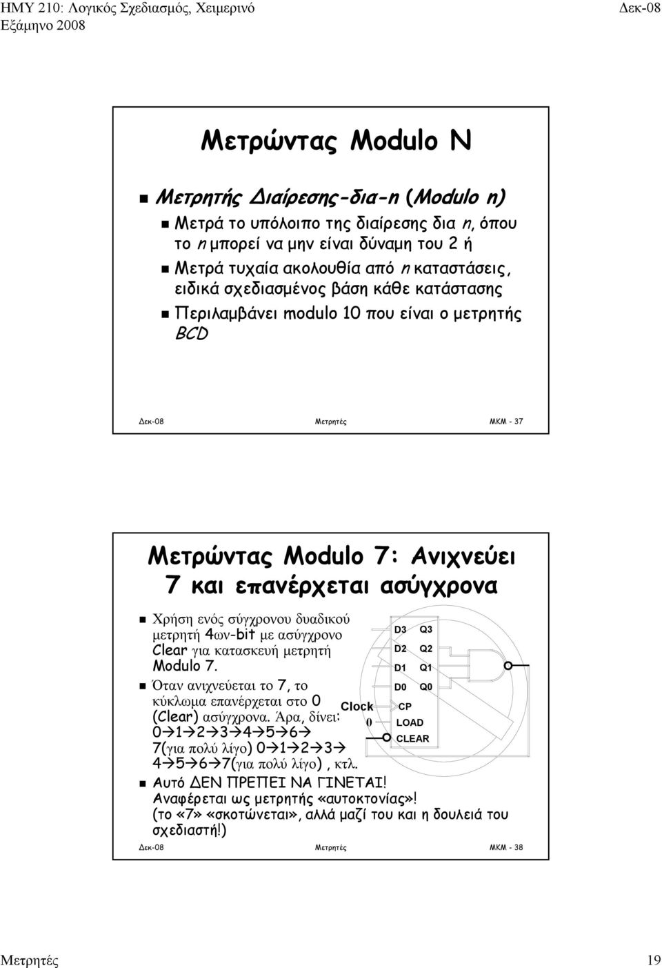 4ων-bit με ασύγχρονο lear για κατασκευή μετρητή Modulo 7. Όταν ανιχνεύεται το 7, το κύκλωμα επανέρχεται στο lock (lear) ασύγχρονα.