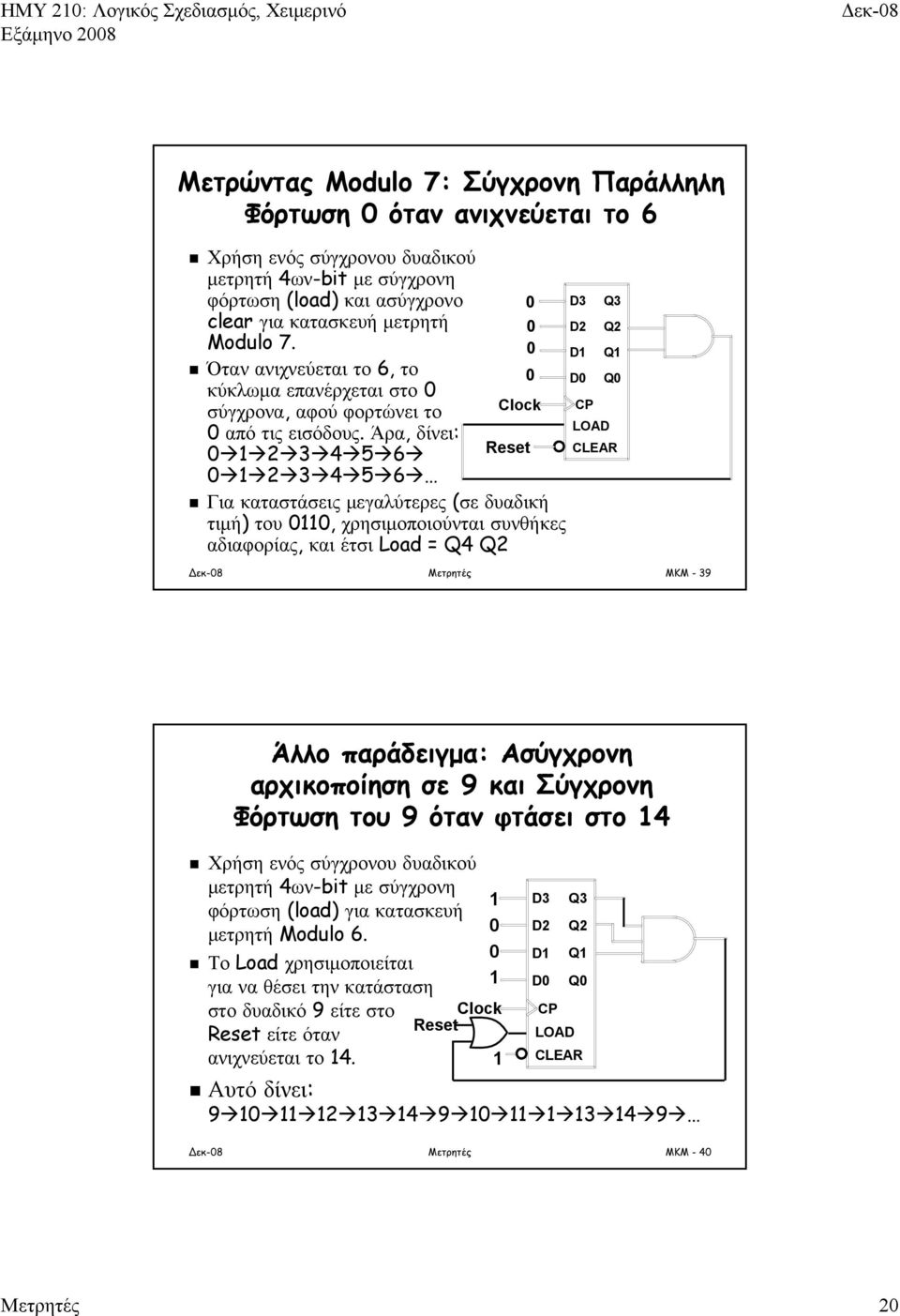 Άρα, δίνει: 2 3 4 5 6 Reset 2 3 4 5 6 Για καταστάσεις μεγαλύτερες (σε δυαδική τιμή) του, χρησιμοποιούνται συνθήκες αδιαφορίας, και έτσι Load = Q4 Q2 MKM - 39 3 2 Q3 Q2 Q Q P LOA LEAR Άλλο παράδειγμα: