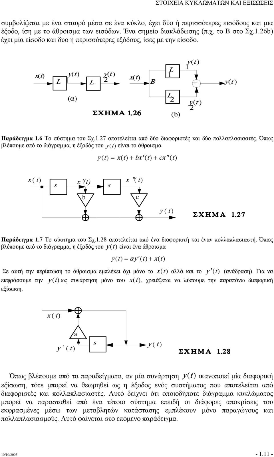 .27 αποτελείται από δύο διαφοριστές και δύο πολλαπλασιαστές. Όπως βλέπουµε από το διάγραµµα, η έξοδός του y() είναι το άθροισµα y () = x () bx () cx () x ( ) x () x "( ) b c y ( ) Ó ÇÌÁ.27 Παράδειγµα.