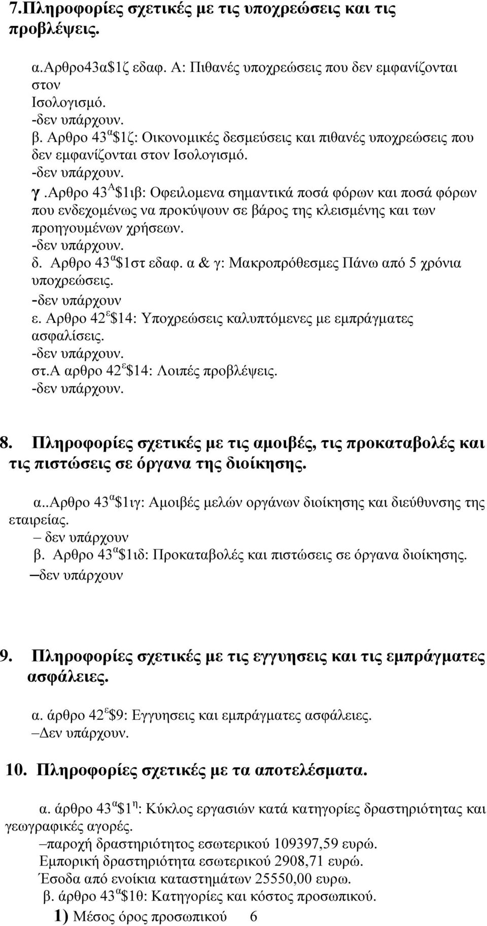 αρθρο 43 Α $1ιβ: Οφειλοµενα σηµαντικά ποσά φόρων και ποσά φόρων που ενδεχοµένως να προκύψουν σε βάρος της κλεισµένης και των προηγουµένων χρήσεων. δ. Αρθρο 43 α $1στ εδαφ.