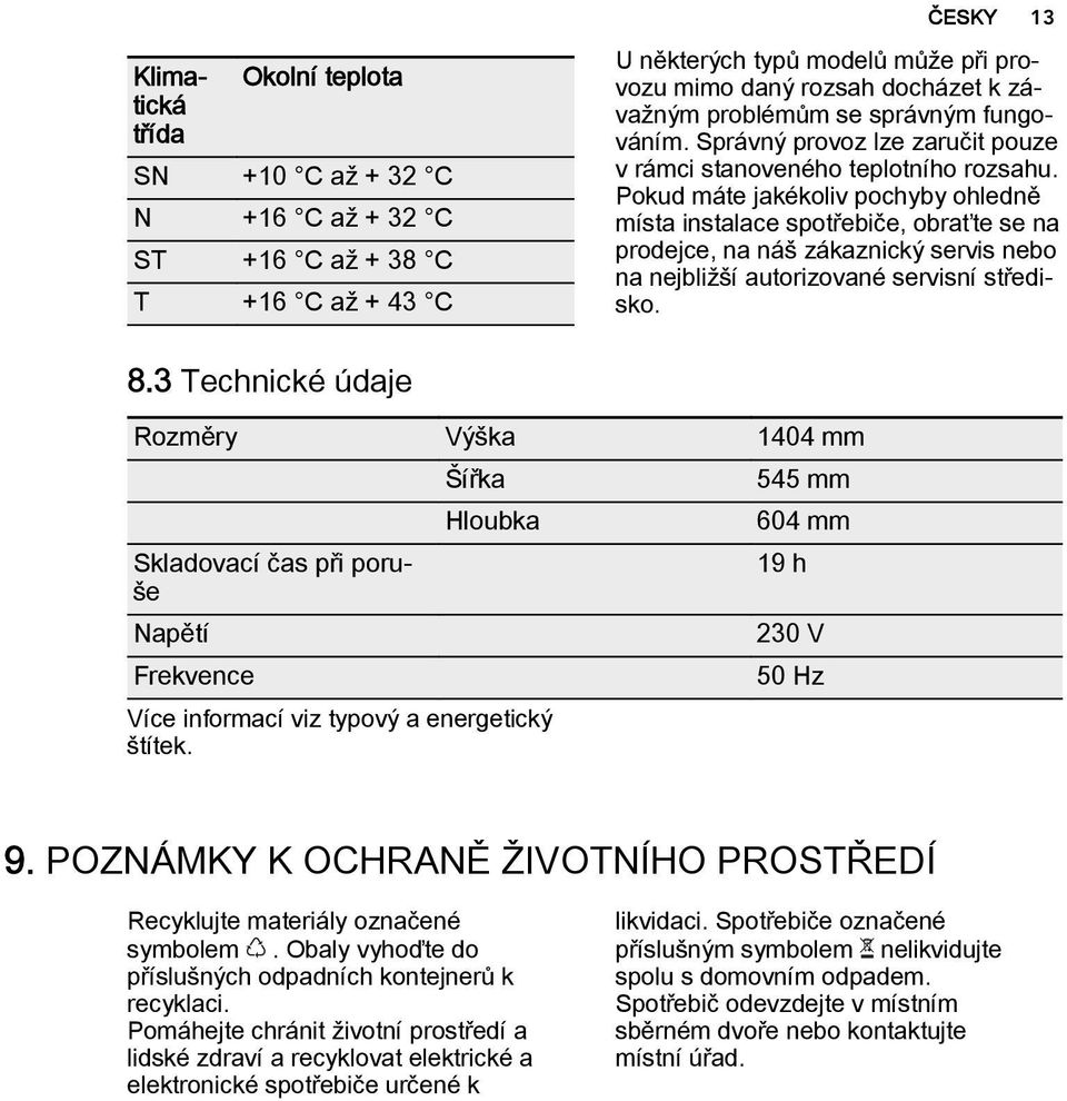 Pokud máte jakékoliv pochyby ohledně místa instalace spotřebiče, obraťte se na prodejce, na náš zákaznický servis nebo na nejbližší autorizované servisní středisko. 8.