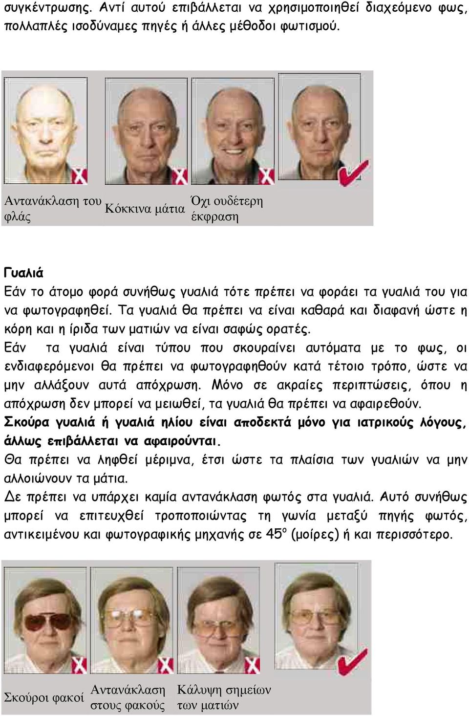 Τα γυαλιά θα πρέπει να είναι καθαρά και διαφανή ώστε η κόρη και η ίριδα των ματιών να είναι σαφώς ορατές.