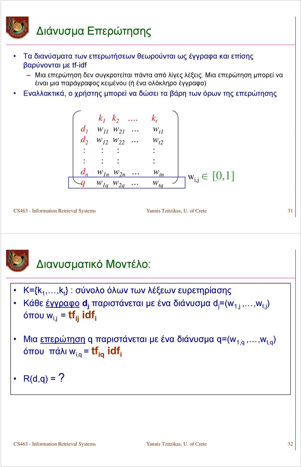 k t d 1 w 11 w 1 w t1 d w 1 w w t : : : : : : : : d n w 1n w n w tn q w 1q w q w tq w i,j [0,1] CS463 - Information Retrieval Systems Yannis Tzitzikas, U.