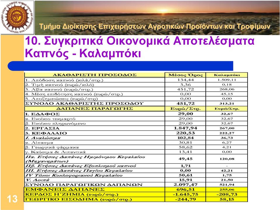 Ευρώ/Στρ. 1. Ε ΑΦΟΣ 29,00 32,67 α. Ενοίκιο τεκµαρτό 29,00 32,67 β. Ενοίκιο πληρωνόµενο 29,00 32,67 2. ΕΡΓΑΣΙΑ 1.847,94 267,00 3. ΚΕΦΑΛΑΙΟ 220,53 222,27 Ι. Αναλώσιµα 102,84 36,73 α.