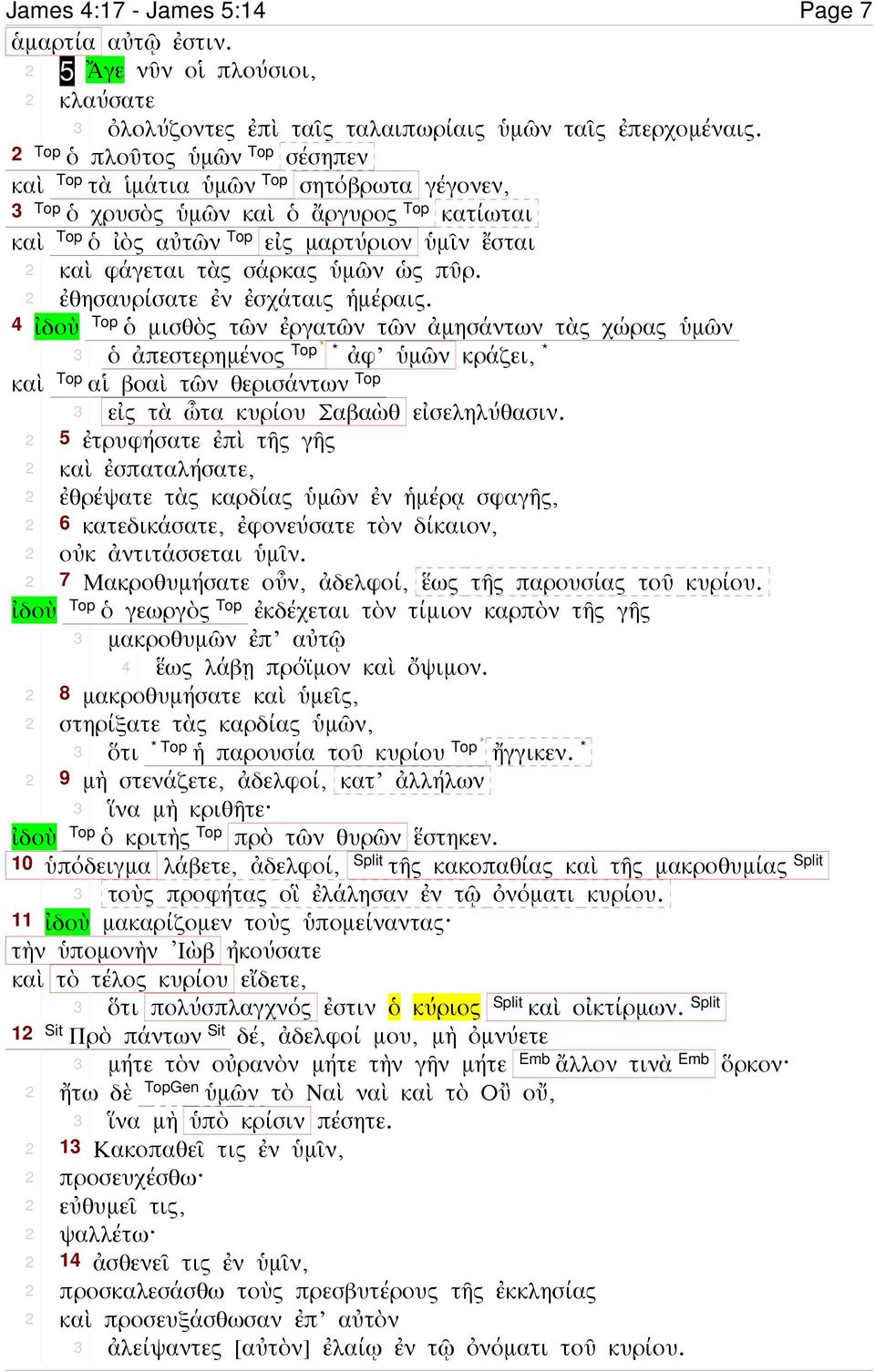 2 ἐθησαυρίσατε ἐν ἐσχάταις ἡµέραις. 4 ἰδοὺ ὁ µισθὸς τῶν ἐργατῶν τῶν ἀµησάντων τὰς χώρας ὑµῶν 3 ὁ ἀπεστερηµένος * ἀφ ὑµῶν κράζει, * καὶ αἱ βοαὶ τῶν θερισάντων 3 εἰς τὰ ὦτα κυρίου Σαβαὼθ εἰσεληλύθασιν.