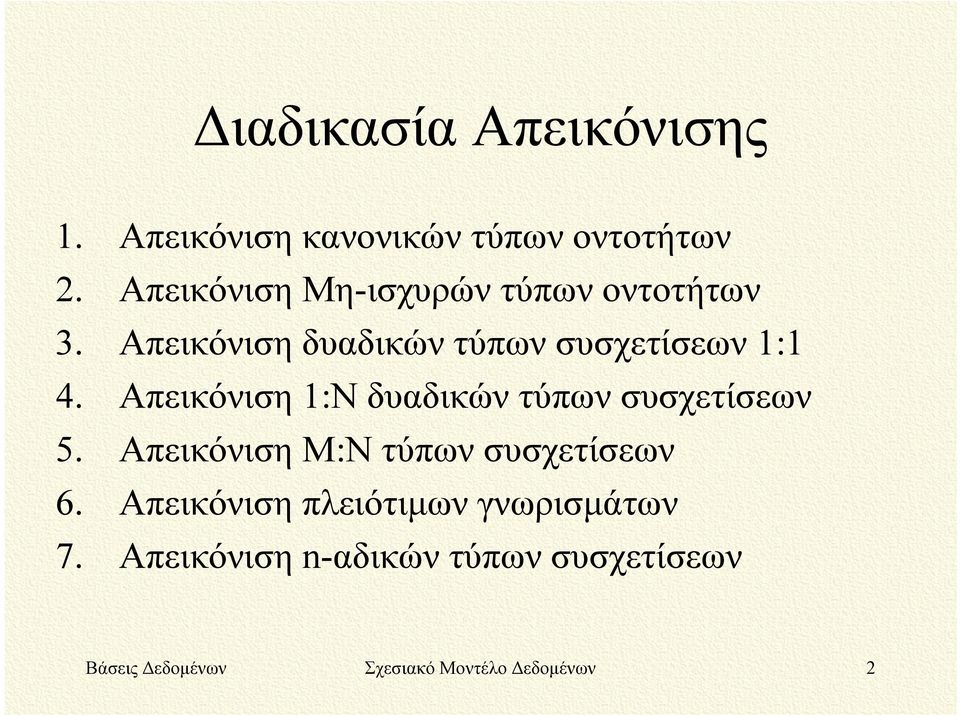 Απεικόνιση 1:Ν δυαδικών τύπων συσχετίσεων 5. Απεικόνιση Μ:Ν τύπων συσχετίσεων 6.