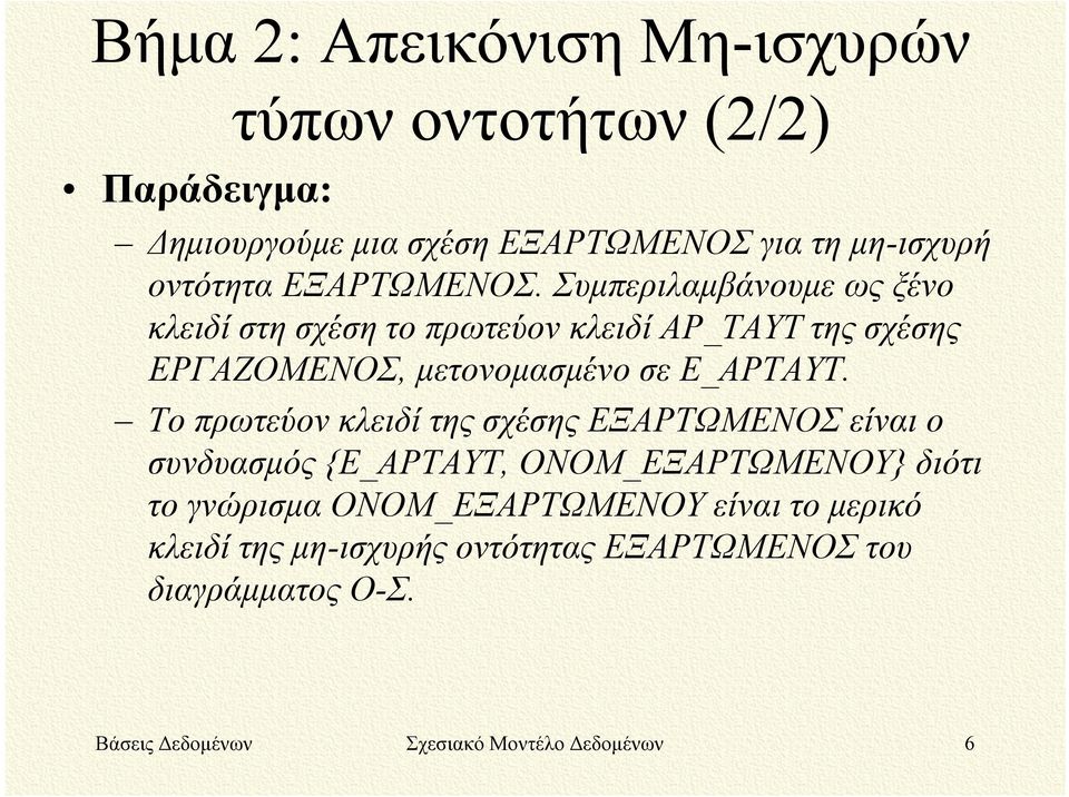 Συμπεριλαμβάνουμε ως ξένο κλειδί στη σχέση το πρωτεύον κλειδί ΑΡ_ΤΑΥΤ της σχέσης ΕΡΓΑΖΟΜΕΝΟΣ, μετονομασμένο σε Ε_ΑΡΤΑΥΤ.