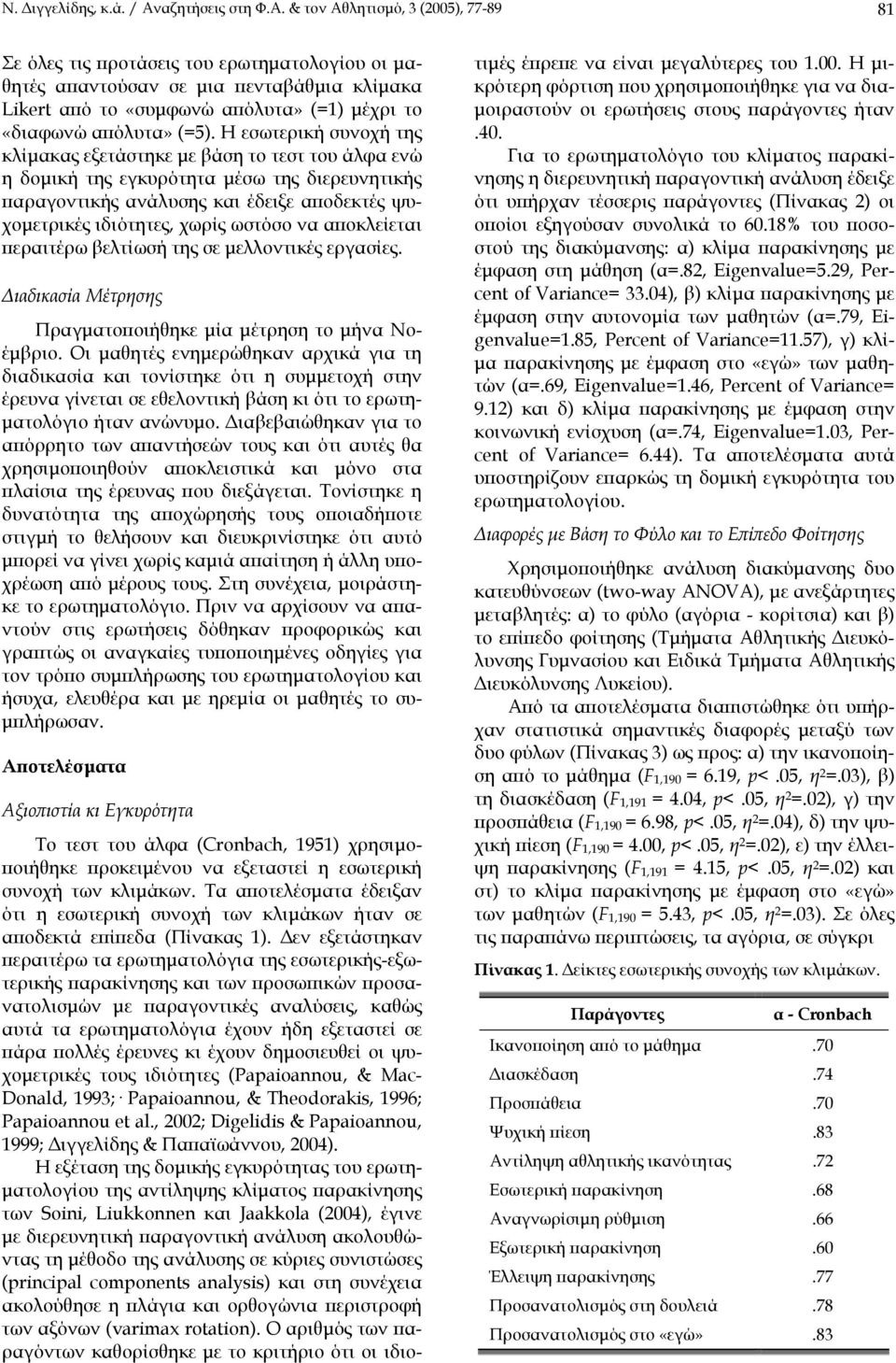 & τον Αθλητισµό, 3 (2005), 77-89 81 Σε όλες τις προτάσεις του ερωτηµατολογίου οι µαθητές απαντούσαν σε µια πενταβάθµια κλίµακα Likert από το «συµφωνώ απόλυτα» (=1) µέχρι το «διαφωνώ απόλυτα» (=5).