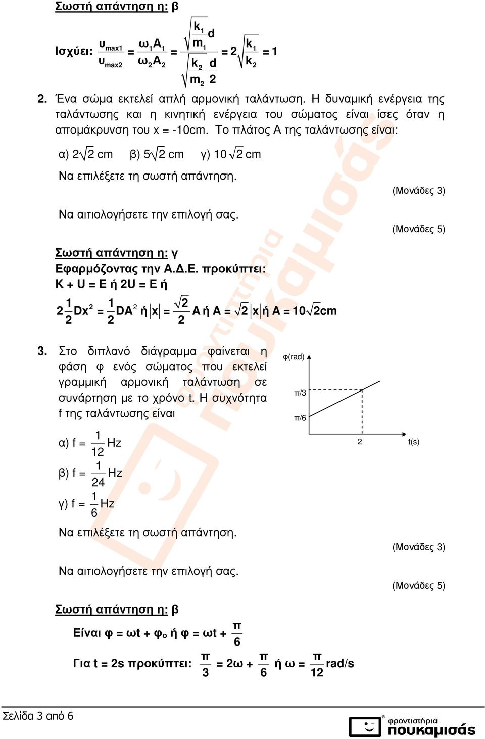 Το πλάτος Α της ταλάντωσης είναι: α) cm β) 5 cm γ) 0 cm (Μονάδες 3) Σωστή απάντηση η: γ Εφαρµόζοντας την Α..Ε. προκύπτει: K + U = E ή U = Ε ή Dx = DA ή x = A ή A = xή A = 0 cm 3.