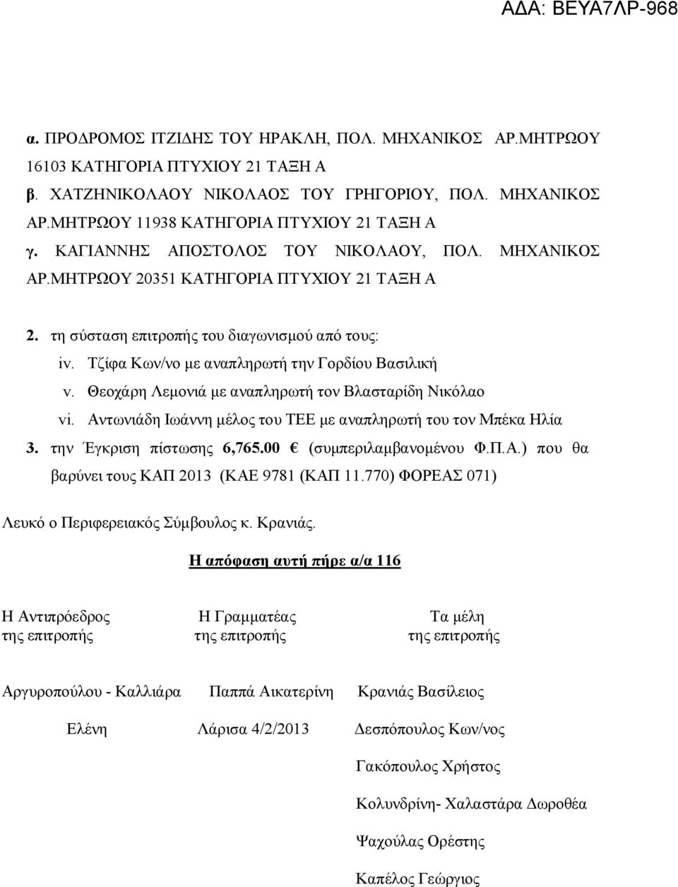 Θεοχάρη Λεμονιά με αναπληρωτή τον Βλασταρίδη Νικόλαο vi. Αντωνιάδη Ιωάννη μέλος του ΤΕΕ με αναπληρωτή του τον Μπέκα Ηλία 3. την Έγκριση πίστωσης 6,765.00 (συμπεριλαμβανομένου Φ.Π.Α.) που θα βαρύνει τους ΚΑΠ 2013 (ΚΑΕ 9781 (ΚΑΠ 11.