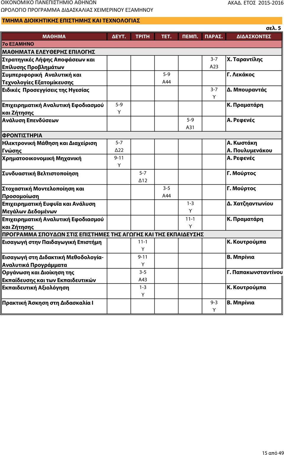 Διδακτική Μεθοδολογία- Αναλυτικά Προγράμματα Οργάνωση και Διοίκηση της Εκπαίδευσης και των Εκπαιδευτικών Εκπαιδευτική Αξιολόγηση 3-7. Ταραντίλης 5-9 Γ. Λεκάκος Α44 3-7 Δ. Μπουραντάς 5-9 Κ.