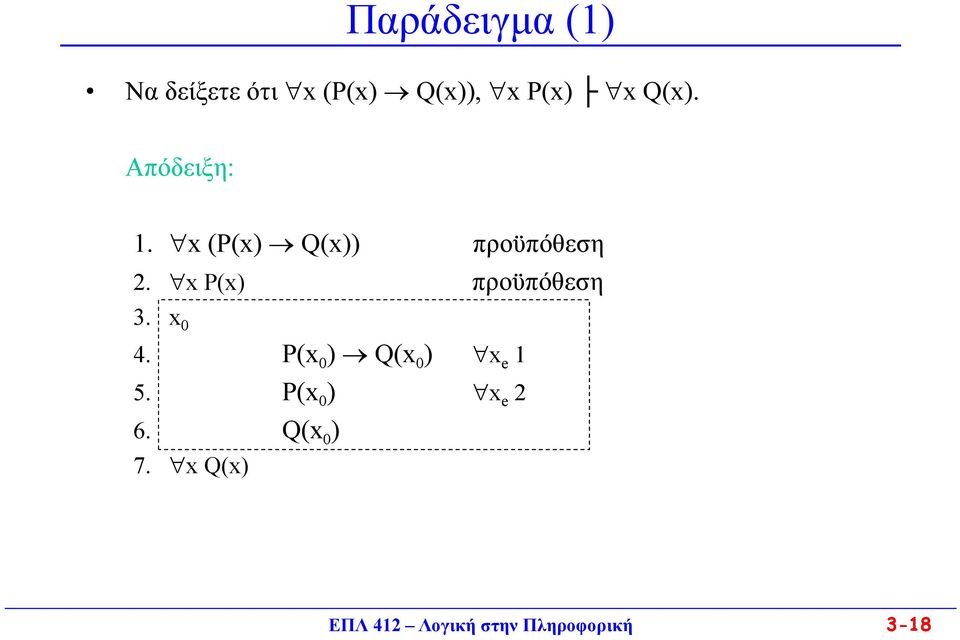 x P(x) προϋπόθεση 3. x 0 4. P(x 0 ) Q(x 0 ) x e 1 5.