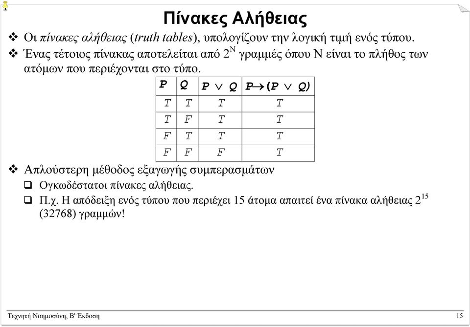 P Q P Q P (P Q) T T T T T F T T F T T T F F F T Απλούστερη µέθοδος εξαγωγής συµπερασµάτων Ογκωδέστατοι πίνακες