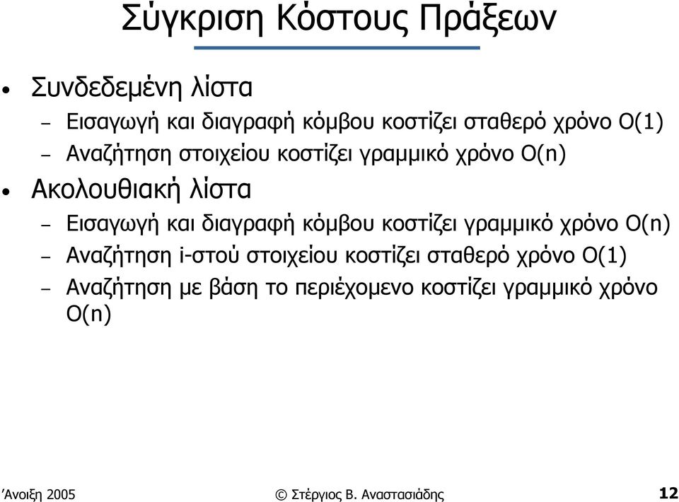 κόµβου κοστίζει γραµµικό χρόνο Ο(n) Αναζήτηση i-στού στοιχείου κοστίζει σταθερό χρόνο Ο(1)