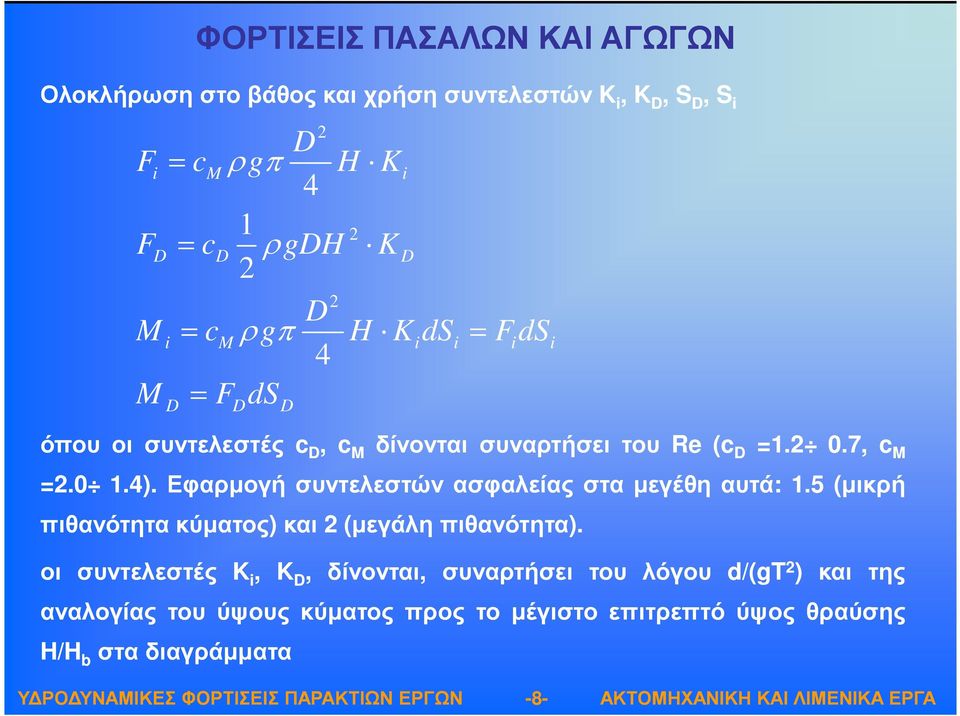 0 1.4). Εφαρµογή συντελεστών ασφαλείας στα µεγέθη αυτά: 1.5 (µικρή πιθανότητα κύµατος) και 2 (µεγάλη πιθανότητα).