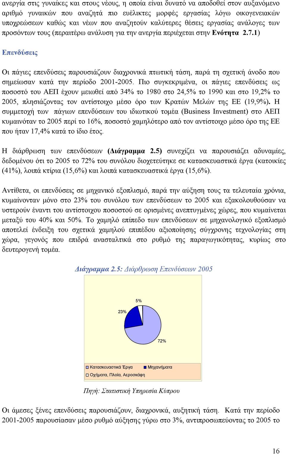 1) Επενδύσεις Οι πάγιες επενδύσεις παρουσιάζουν διαχρονικά πτωτική τάση, παρά τη σχετική άνοδο που σημείωσαν κατά την περίοδο 2001-2005.