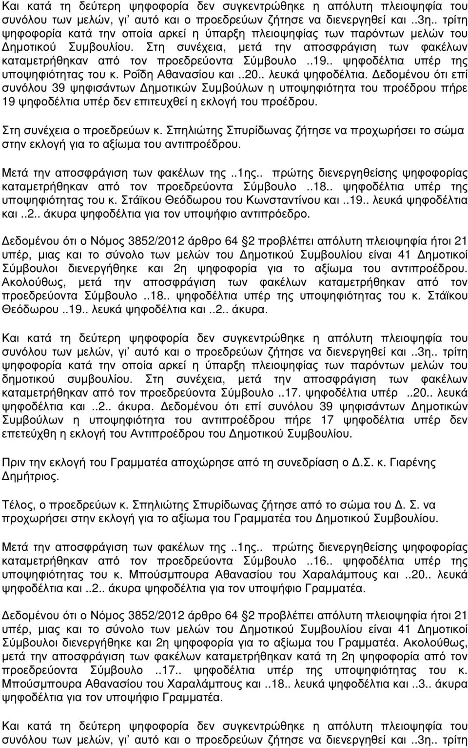 εδοµένου ότι επί συνόλου 39 ψηφισάντων ηµοτικών Συµβούλων η υποψηφιότητα του προέδρου πήρε 19 ψηφοδέλτια υπέρ δεν επιτευχθεί η εκλογή του προέδρου. Στη συνέχεια ο προεδρεύων κ.