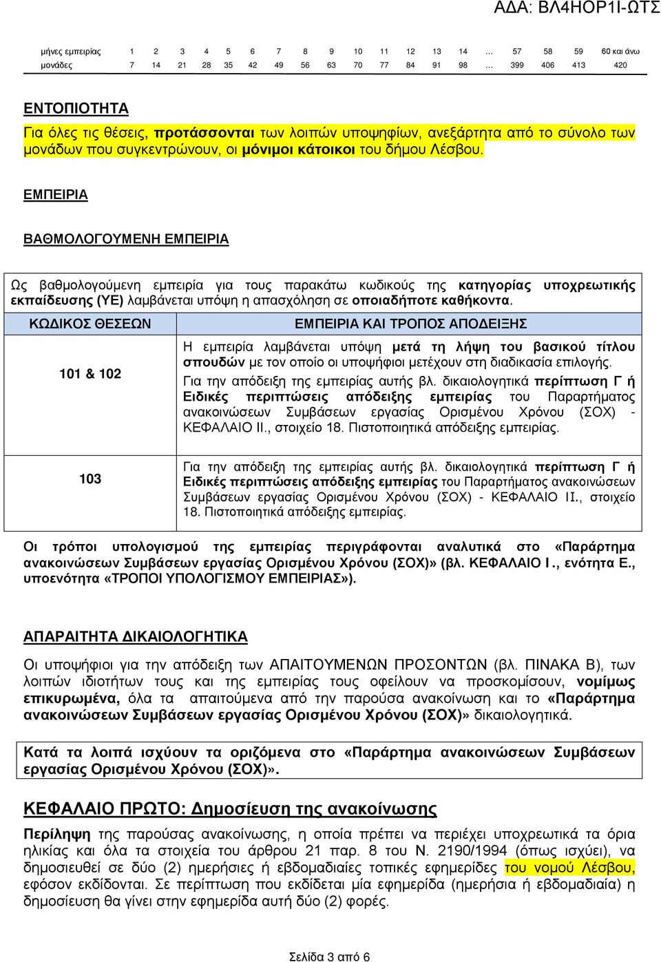 ΕΜΠΕΙΡΙΑ ΒΑΘΜΟΛΟΓΟΥΜΕΝΗ ΕΜΠΕΙΡΙΑ Ως βαθμολογούμενη εμπειρία για τους παρακάτω κωδικούς της κατηγορίας υποχρεωτικής εκπαίδευσης (ΥΕ) λαμβάνεται υπόψη η απασχόληση σε οποιαδήποτε καθήκοντα.