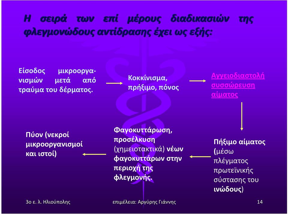 Κοκκίνισμα, πρήξιμο, πόνος Αγγειοδιαστολή συσσώρευση αίματος Πύον (νεκροί μικροοργανισμοί και