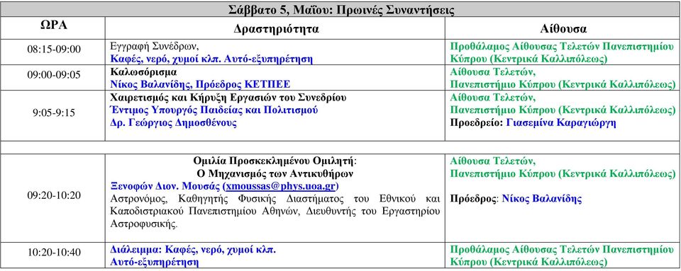 Γεώργιος Δημοσθένους Προθάλαμος Αίθουσας Τελετών Πανεπιστημίου Κύπρου (Κεντρικά Καλλιπόλεως) Προεδρείο: Γιασεμίνα Καραγιώργη 09:20-10:20 Ομιλία Προσκεκλημένου Ομιλητή: Ο Μηχανισμός των Αντικυθήρων