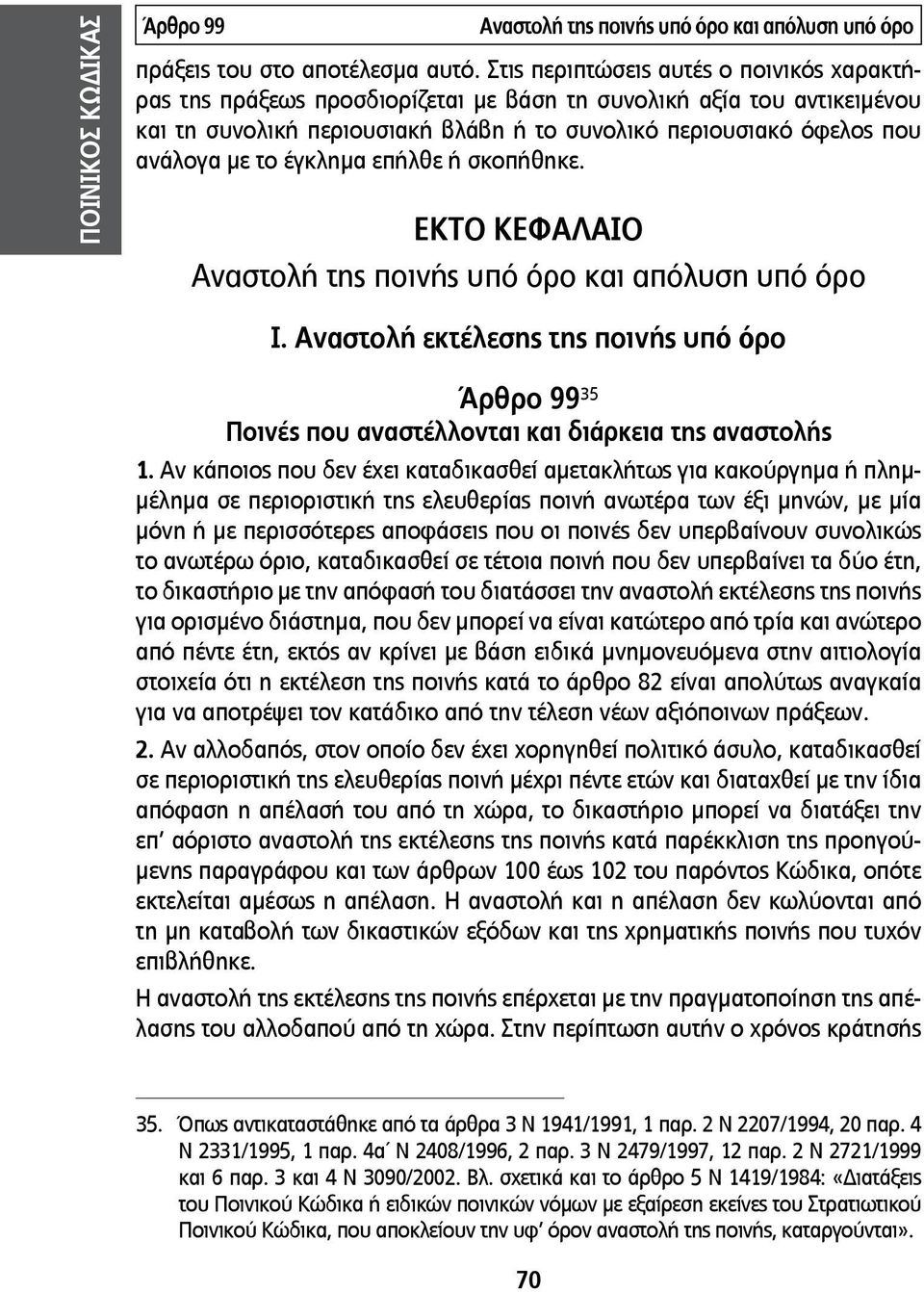 έγκλημα επήλθε ή σκοπήθηκε. ΕΚΤΟ ΚΕΦΑΛΑΙΟ Αναστολή της ποινής υπό όρο και απόλυση υπό όρο Ι. Αναστολή εκτέλεσης της ποινής υπό όρο Άρθρο 99 35 Ποινές που αναστέλλονται και διάρκεια της αναστολής 1.