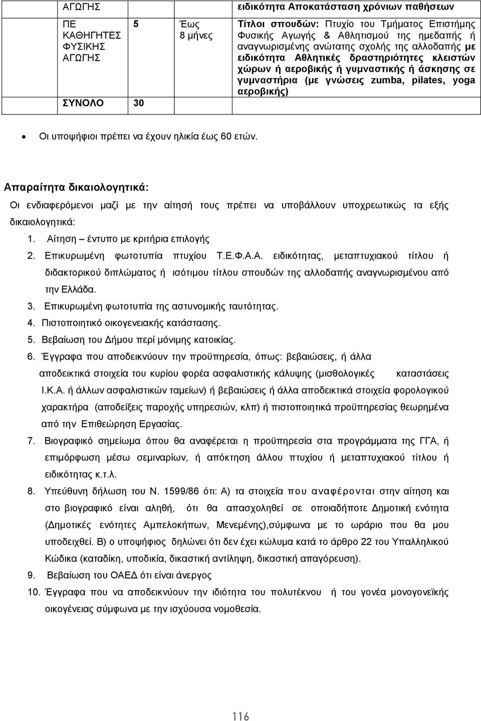 Αίτηση έντυπο με κριτήρια επιλογής 2. Επικυρωμένη φωτοτυπία πτυχίου Τ.Ε.Φ.Α.Α. ειδικότητας, μεταπτυχιακού τίτλου ή διδακτορικού διπλώματος ή ισότιμου τίτλου σπουδών της αλλοδαπής αναγνωρισμένου από την Ελλάδα.