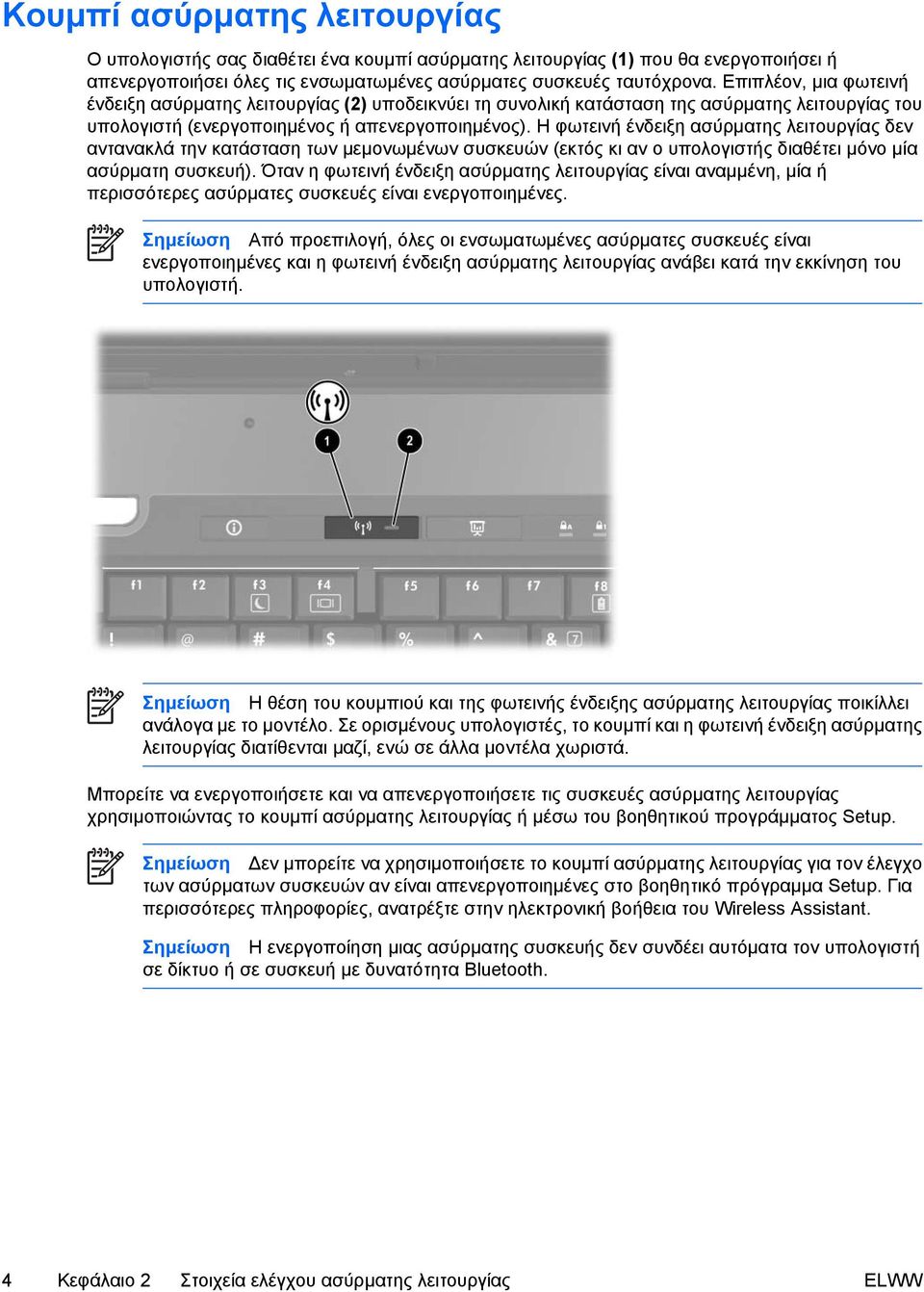 Η φωτεινή ένδειξη ασύρµατης λειτουργίας δεν αντανακλά την κατάσταση των µεµονωµένων συσκευών (εκτός κι αν ο υπολογιστής διαθέτει µόνο µία ασύρµατη συσκευή).