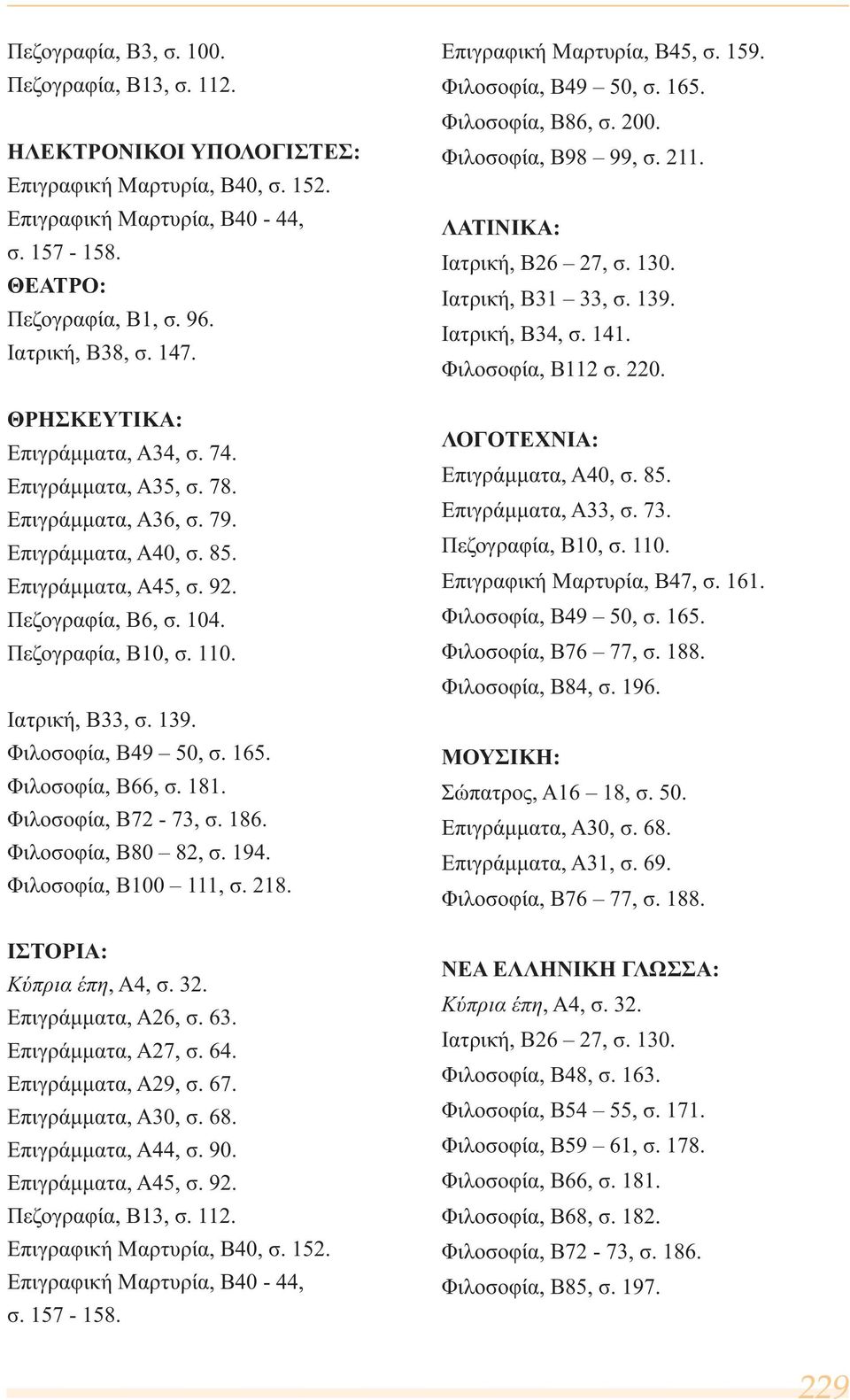 Επιγράμματα, Α44, σ. 90. Επιγράμματα, Α45, σ. 92. Επιγραφική Μαρτυρία, Β45, σ. 159. Φιλοσοφία, Β86, σ. 200. ΛΑΤΙΝΙΚΑ: Ιατρική, Β31 33, σ. 139. Ιατρική, Β34, σ. 141. Φιλοσοφία, Β112 σ. 220.