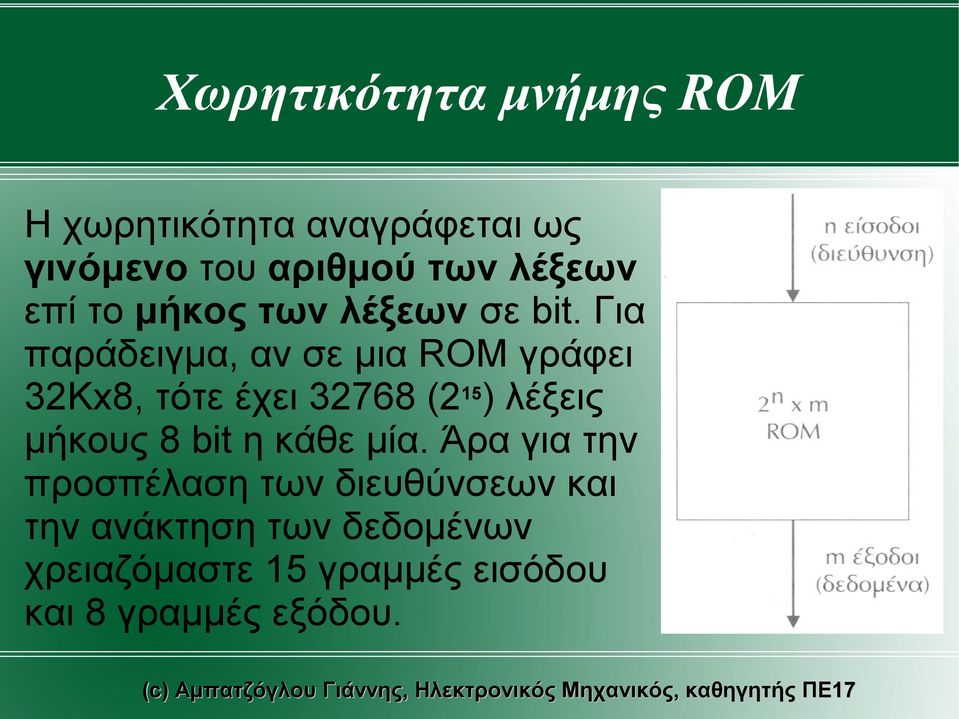 Για παράδειγμα, αν σε μια ROM γράφει 32Κx8, τότε έχει 32768 (2 15 ) λέξεις μήκους 8