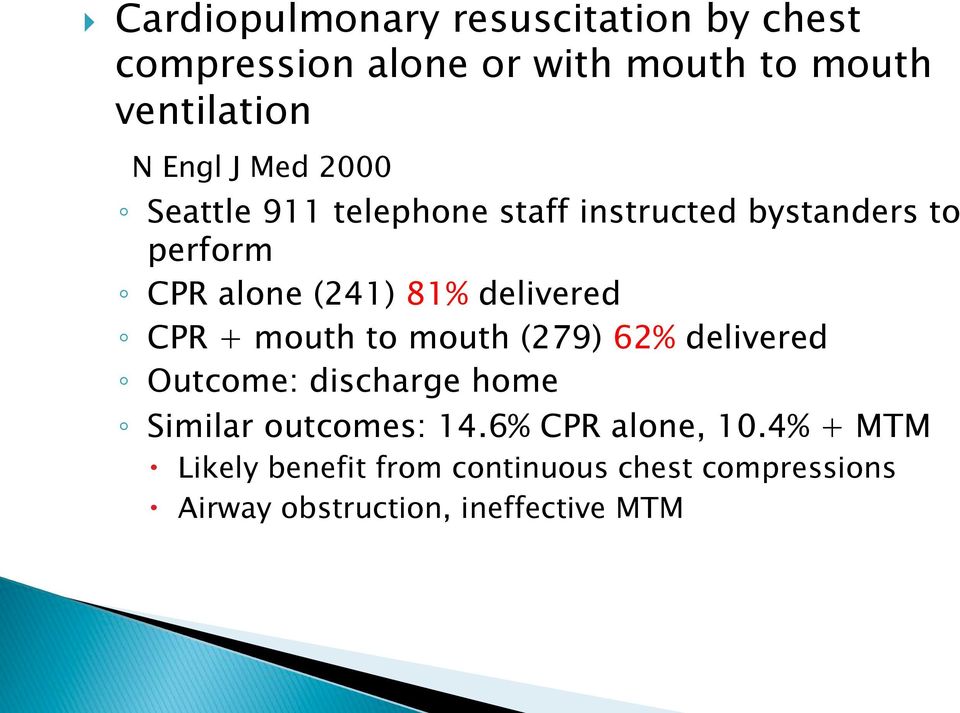 delivered CPR + mouth to mouth (279) 62% delivered Outcome: discharge home Similar outcomes: 14.