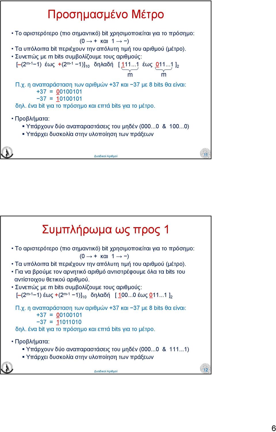 η αναπαράσταση των αριθµών +37 και 37 µε 8 bits θα είναι: +37 = 00100101 37 = 10100101 δηλ. ένα bit για το πρόσηµο και επτά bits για το µέτρο. Προβλήµατα: Υπάρχουν δύο αναπαραστάσεις του µηδέν (000.