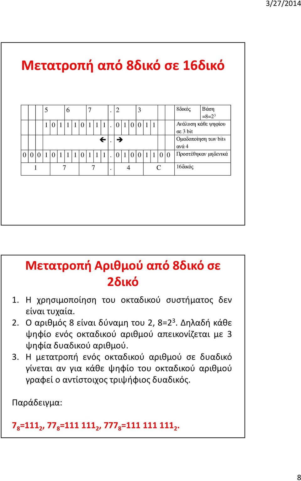 Η χρησιμοποίηση του οκταδικού συστήματος δεν είναι τυχαία. 2. Ο αριθμός 8 είναι δύναμη του 2, 8=2 3.