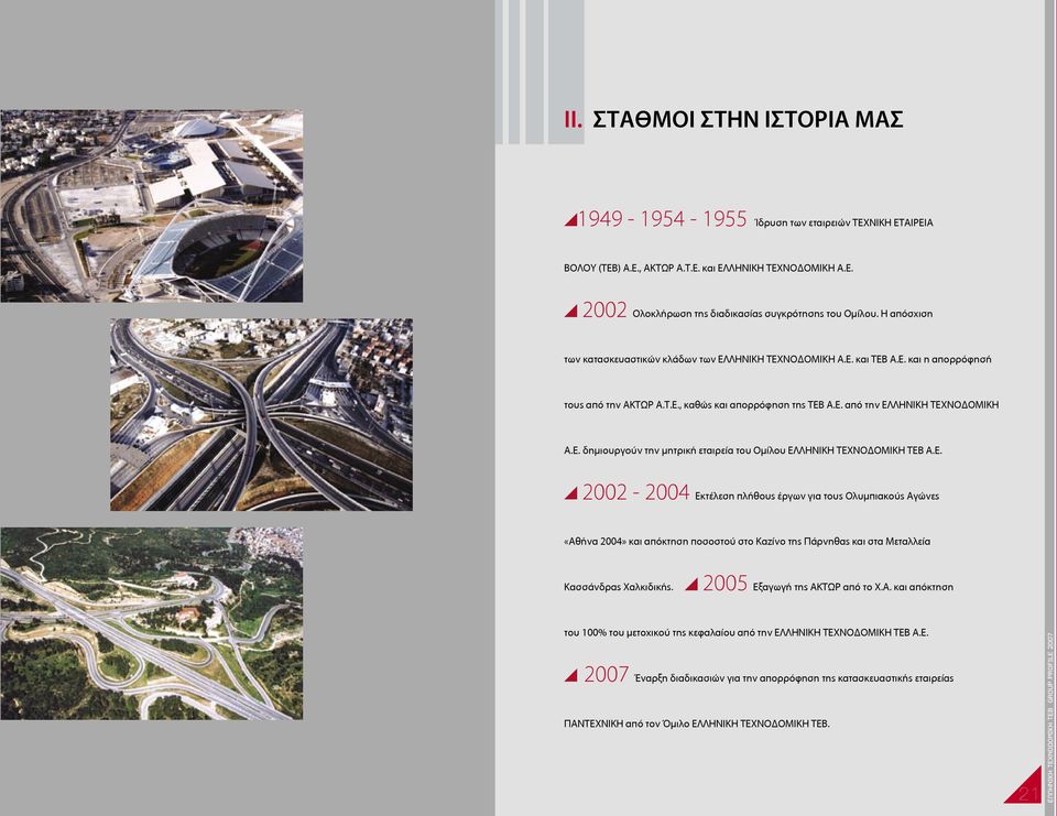 Ε. 2002-2004 Εκτέλεση πλήθους έργων για τους Ολυµπιακούς Αγώνες «Αθήνα 2004» και απόκτηση ποσοστού στο Καζίνο της Πάρνηθας και στα Μεταλλεία Κασσάνδρας Χαλκιδικής. 2005 Εξαγωγή της ΑΚΤΩΡ από το Χ.Α. και απόκτηση του 100% του µετοχικού της κεφαλαίου από την ΕΛΛΗΝΙΚΗ ΤΕΧΝΟΔΟΜΙΚΗ ΤΕΒ Α.