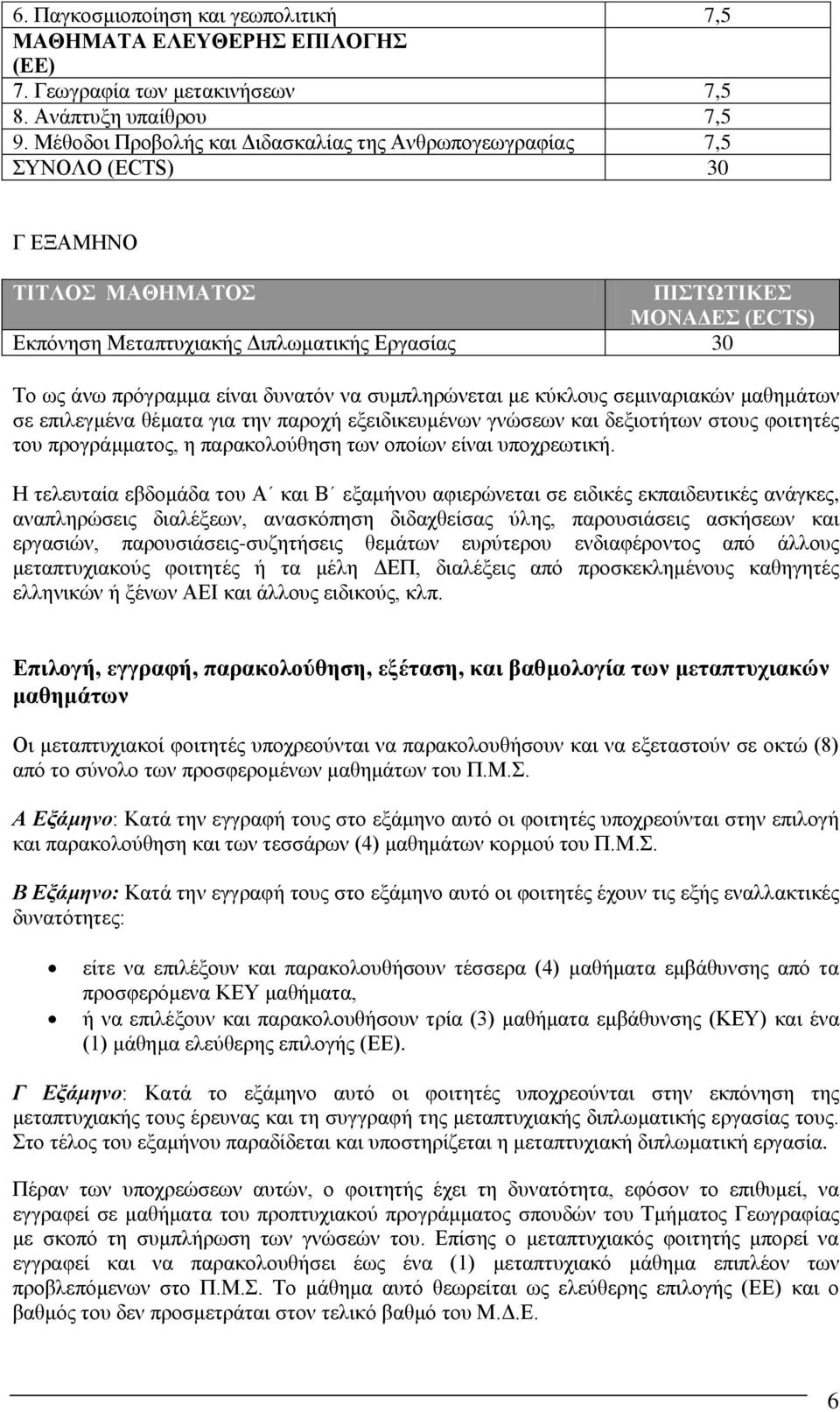 είναι δυνατόν να συμπληρώνεται με κύκλους σεμιναριακών μαθημάτων σε επιλεγμένα θέματα για την παροχή εξειδικευμένων γνώσεων και δεξιοτήτων στους φοιτητές του προγράμματος, η παρακολούθηση των οποίων