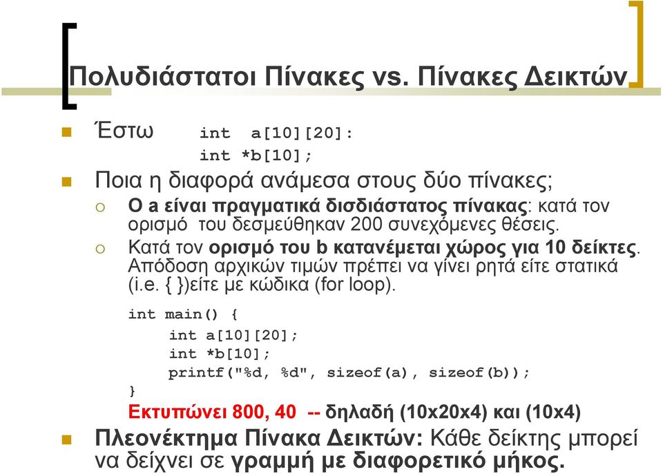 ορισμό του δεσμεύθηκαν 2 συνεχόμενες θέσεις. Κατά τον ορισμό του b κατανέμεται χώρος για 1 δείκτες.