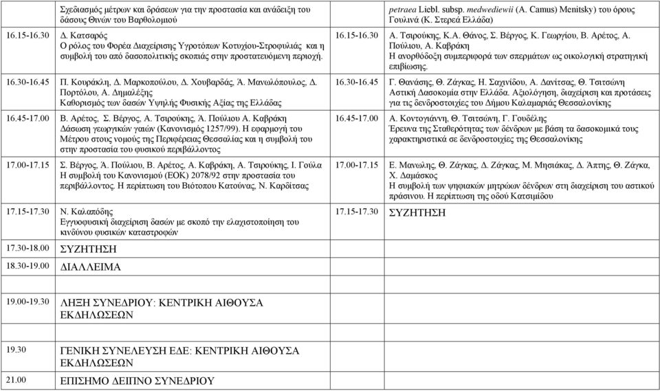 Μανωλόπουλος,. Πορτόλου, Α. ηµαλέξης Καθορισµός των δασών Υψηλής Φυσικής Αξίας της Ελλάδας 16.45-17.00 Β. Αρέτος, Σ. Βέργος, Α. Τσιρούκης, Ά. Πούλιου Α.