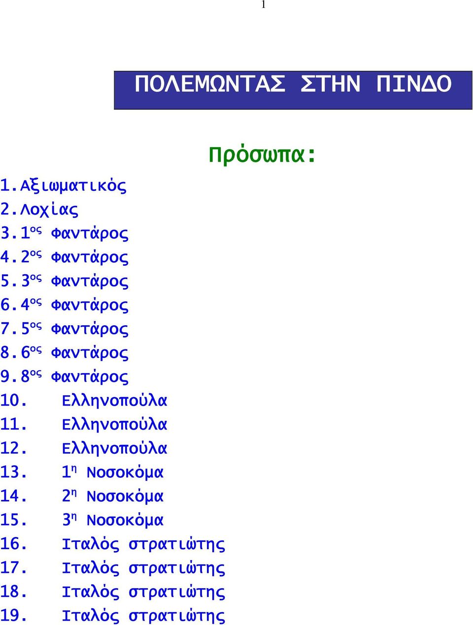 Ελληνοπούλα 11. Ελληνοπούλα 12. Ελληνοπούλα 13. 1 η Νοσοκόμα 14. 2 η Νοσοκόμα 15.