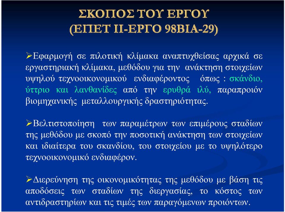 Βελτιστοποίηση των παραμέτρων των επιμέρους σταδίων της μεθόδου με σκοπό την ποσοτική ανάκτηση των στοιχείων και ιδιαίτερα του σκανδίου, του στοιχείου με
