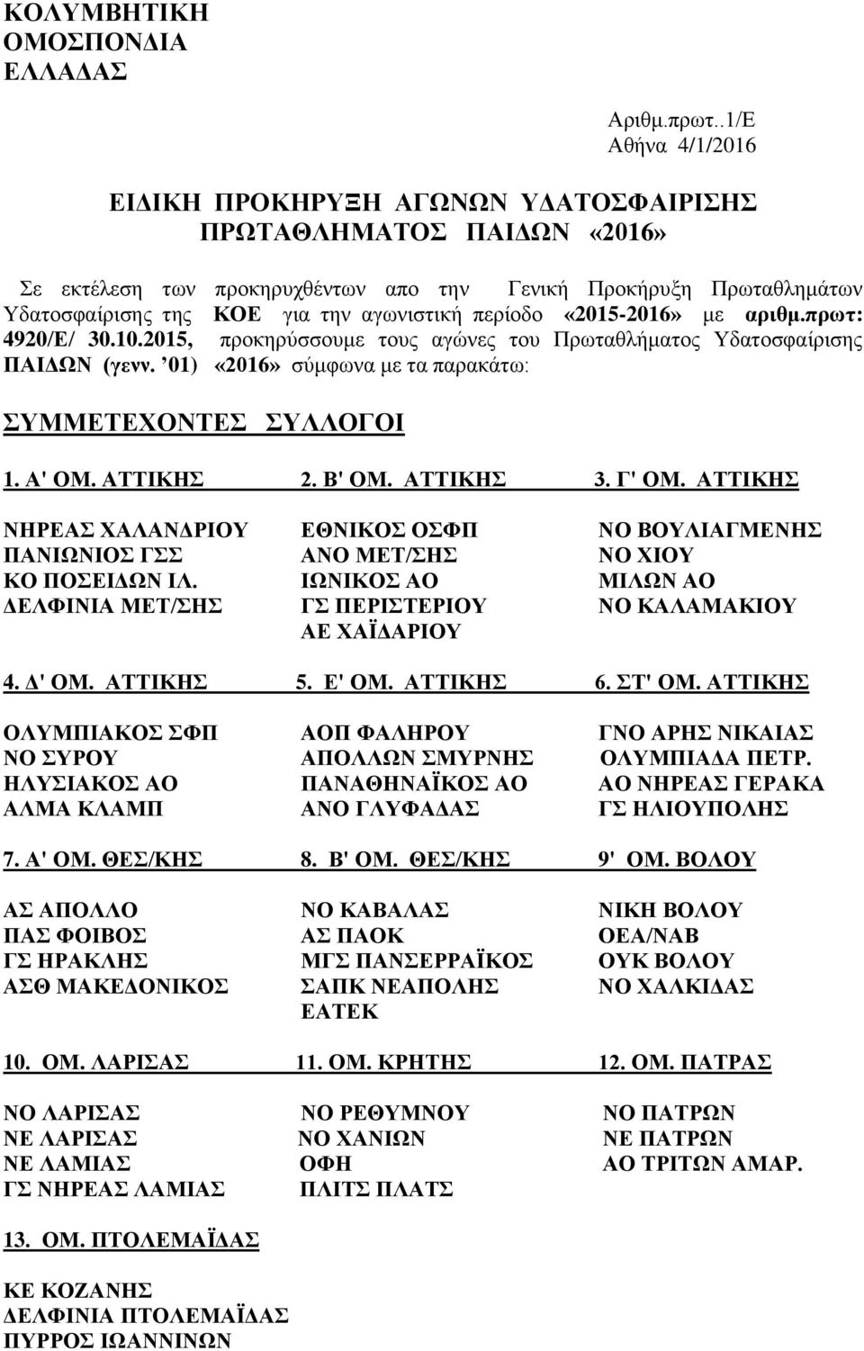 περίοδο «2015-2016» με αριθμ.πρωτ: 4920/Ε/ 30.10.2015, προκηρύσσουμε τους αγώνες του Πρωταθλήματος Υδατοσφαίρισης ΠΑΙΔΩΝ (γενν. 01) «2016» σύμφωνα με τα παρακάτω: ΣΥΜΜΕΤΕΧΟΝΤΕΣ ΣΥΛΛΟΓΟΙ 1. Α' ΟΜ.