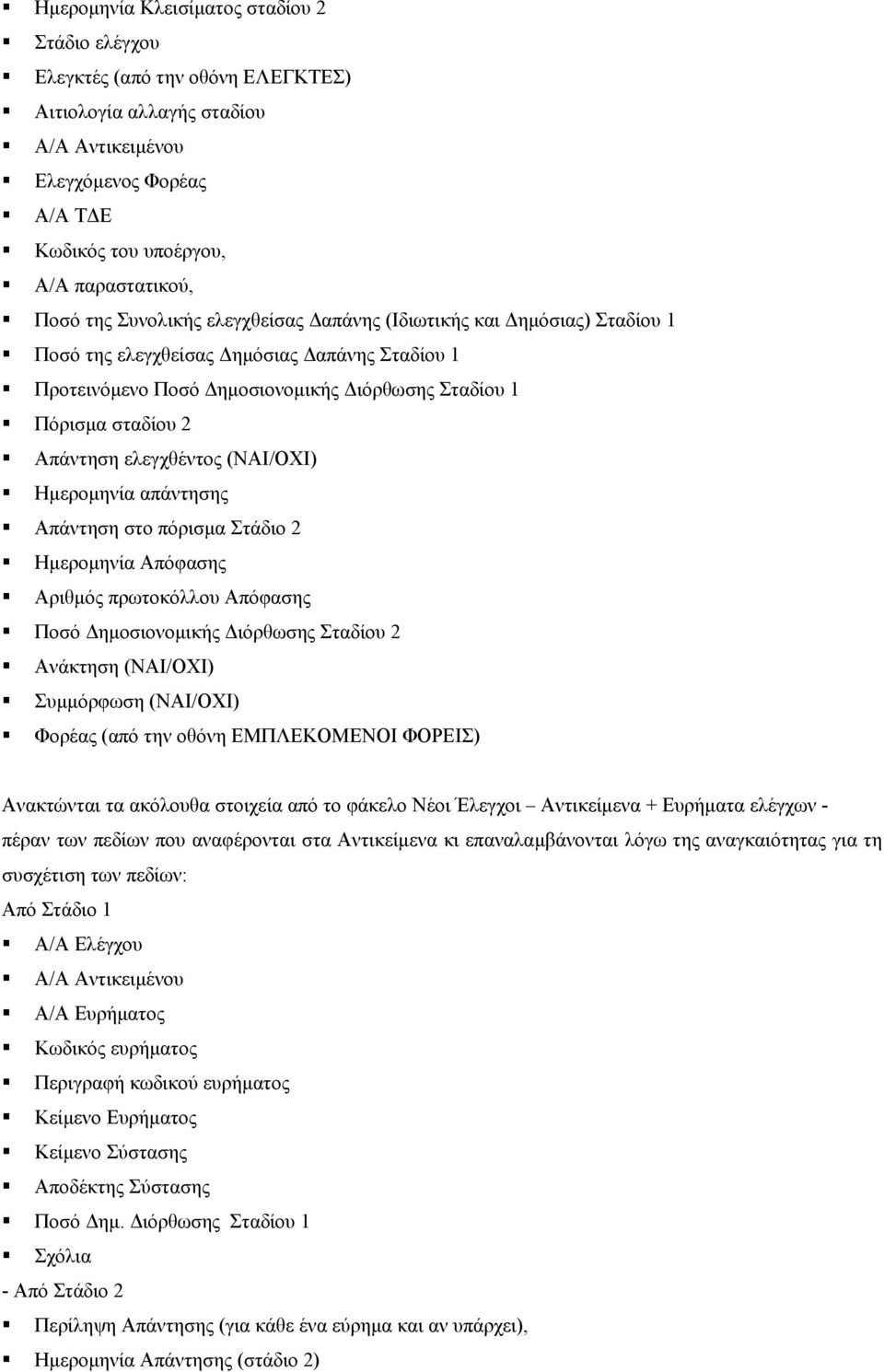 ελεγχθέντος (ΝΑΙ/ΟΧΙ) Ημερομηνία απάντησης Απάντηση στο πόρισμα Στάδιο 2 Ημερομηνία Απόφασης Αριθμός πρωτοκόλλου Απόφασης Ποσό Δημοσιονομικής Διόρθωσης Σταδίου 2 Ανάκτηση (ΝΑΙ/ΟΧΙ) Συμμόρφωση