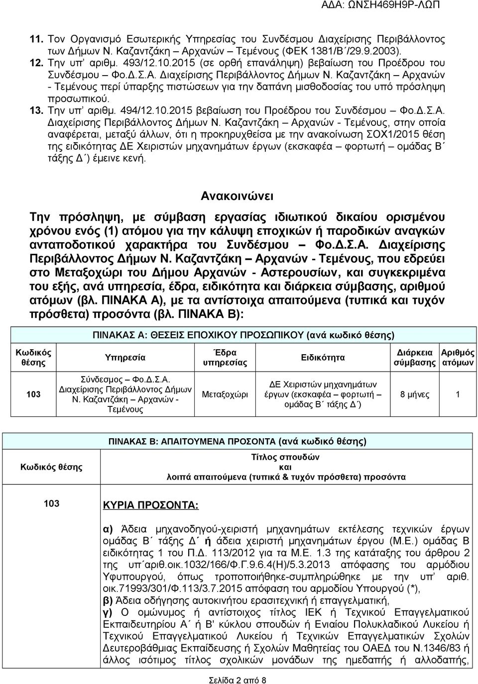 Καζαντζάκη Αρχανών - Τεμένους περί ύπαρξης πιστώσεων για την δαπάνη μισθοδοσίας του υπό πρόσληψη προσωπικού. 13. Την υπ αριθμ. 494/12.10.2015 βεβαίωση του Προέδρου του Συνδέσμου Φο.Δ.Σ.Α. Διαχείρισης Περιβάλλοντος Δήμων Ν.